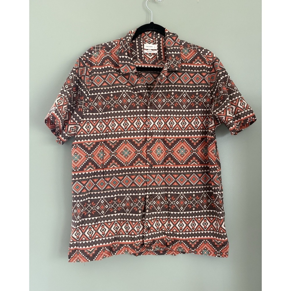Calliope Men's L Regular Relaxed Geometric Short Sleeve Button-Up Cotton Brown